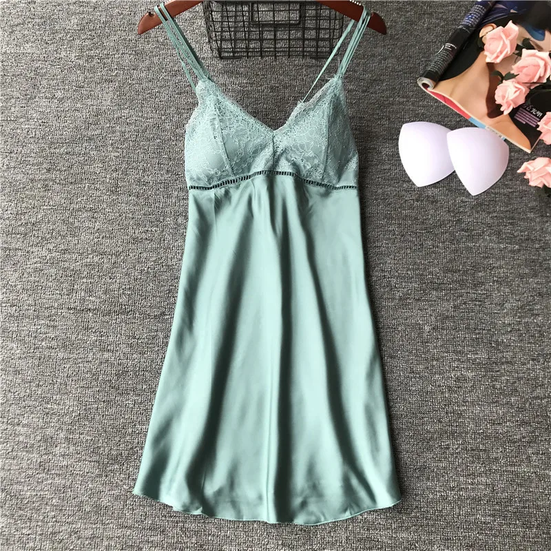 

Summer Lady Sexy Lace Spaghetti Strap Nightgown Women's Solid Color Home Dress V-Neck Rayon Nightdress Sleepwear M-XL NG007