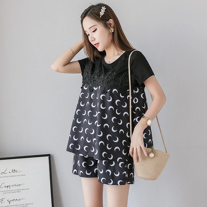 Pregnant Woman Summer Fashion Clothes Set Short Sleeve O-neck Cotton Patchwork Chiffon Floral Shirts+Belly Shorts Twinset Suits | Мать и