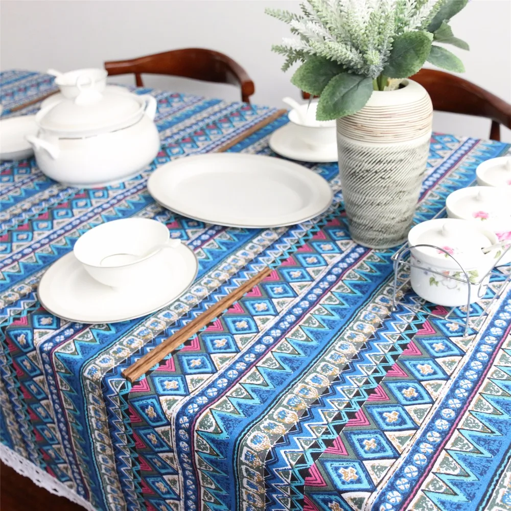 Blue Tablecloth Ethnic Style Linen Fabric Dining Table Cover Boho Printed Rectangle Table Cloth With Lace
Blue Tablecloth Ethnic Style Linen Fabric Dining Table Cover Boho Printed Rectangle Table Cloth With Lace