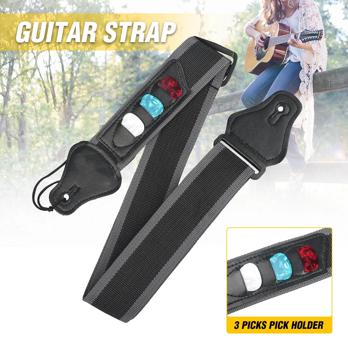 1pcs Electric Acoustic Bass Guitar Multifunction Black Nylon Strap with 3 Pick Plectrums Holders Leather Ends Guitar Accessories
1pcs Electric Acoustic Bass Guitar Multifunction Black Nylon Strap with 3 Pick Plectrums Holders Leather Ends Guitar Accessories