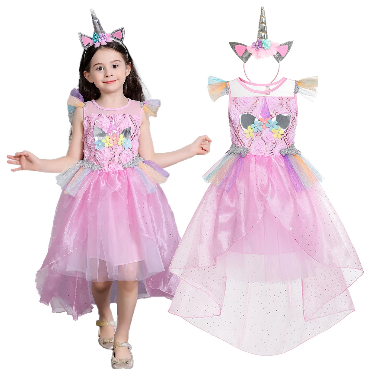 Child Girls Fantasy Pink Unicorn Costume with Accessories 5 Sizes Fancy Dress