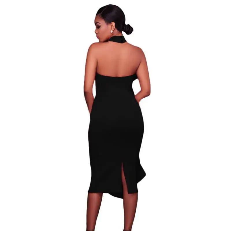 SEBOWEL 2017 Women Big Ruffles Midi Elegant Dress Sexy Open Back Bodycon Party Dress High Neck Vintage Pencil Dress (3)