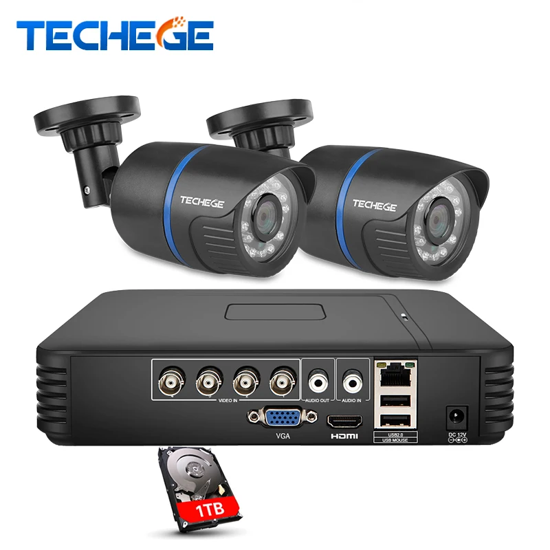 

Techege 4CH CCTV System 720P 3 in 1 AHD CCTV DVR 2PCS 1.0MP IR Outdoor indoor Security Camera 1200TVL Camera Surveillance System