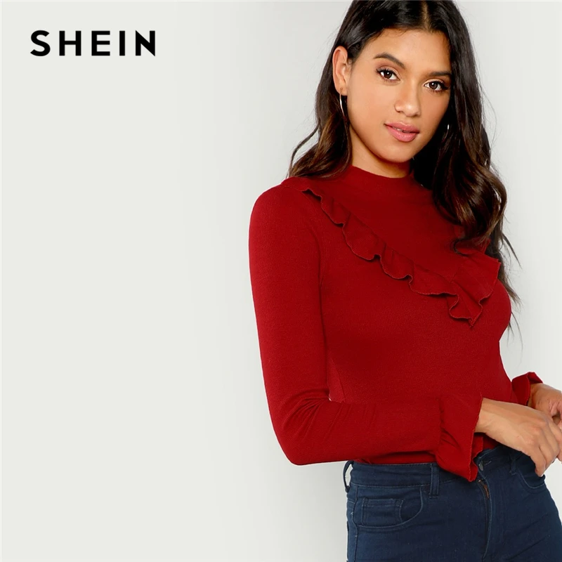 

SHEIN Burgundy Elegant Office Lady Ribbed Knit Ruffle Trim Long Sleeve Solid Pullovers Tee Autumn Workwear Women T-shirt And Top