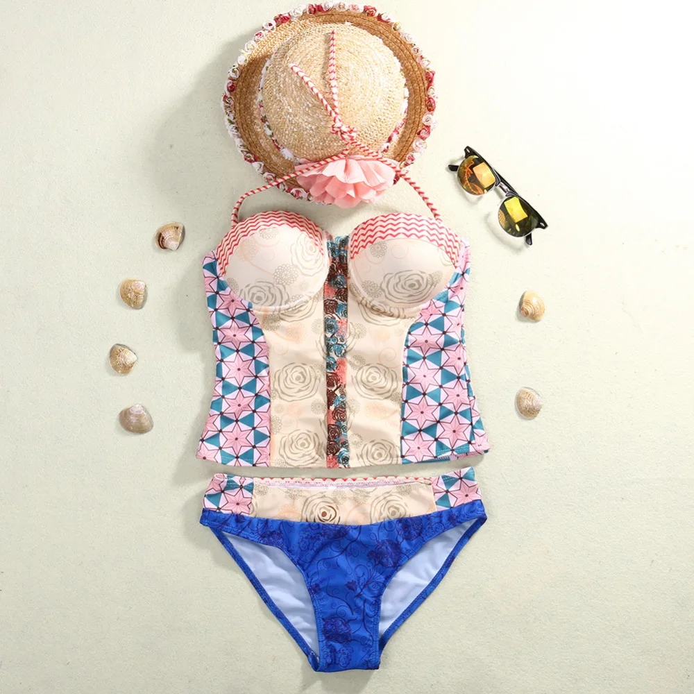 Сексуальный купальник женский винтажный цветочный принт бикини набор