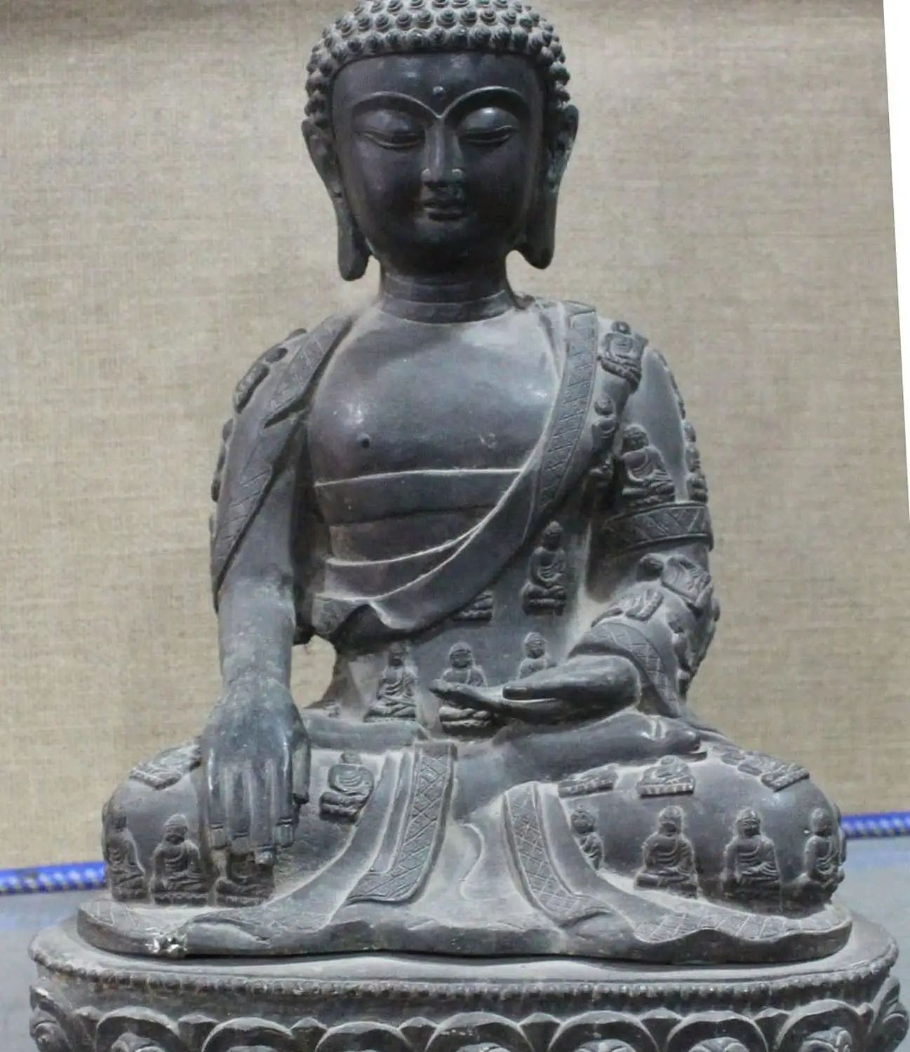 16" Old Chinese Buddhism Bronze Seat Lianhua Shakyamuni Amitabha Buddha Statue