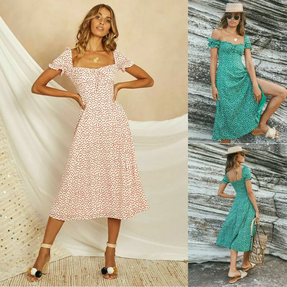 Summer Holiday Women Boho Vintage Dot Print Low cut Short Sleeve Side Slit Midi Dress Summer Beach Dress Ladies Sundress
Summer Holiday Women Boho Vintage Dot Print Low cut Short Sleeve Side Slit Midi Dress Summer Beach Dress Ladies Sundress