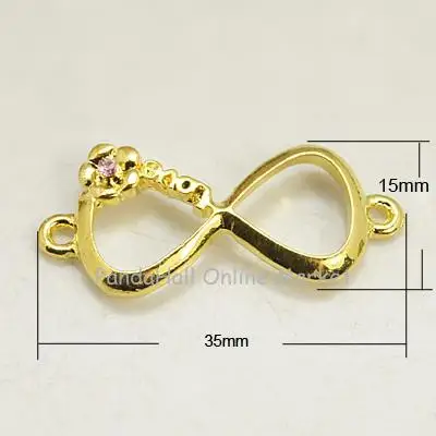 Alloy Links, with Grade A Rhinestone, Bowknot/Infinity, Golden Metal Color, Light Rose, 15x35x4mm, hole: 2mm
Alloy Links, with Grade A Rhinestone, Bowknot/Infinity, Golden Metal Color, Light Rose, 15x35x4mm, hole: 2mm
