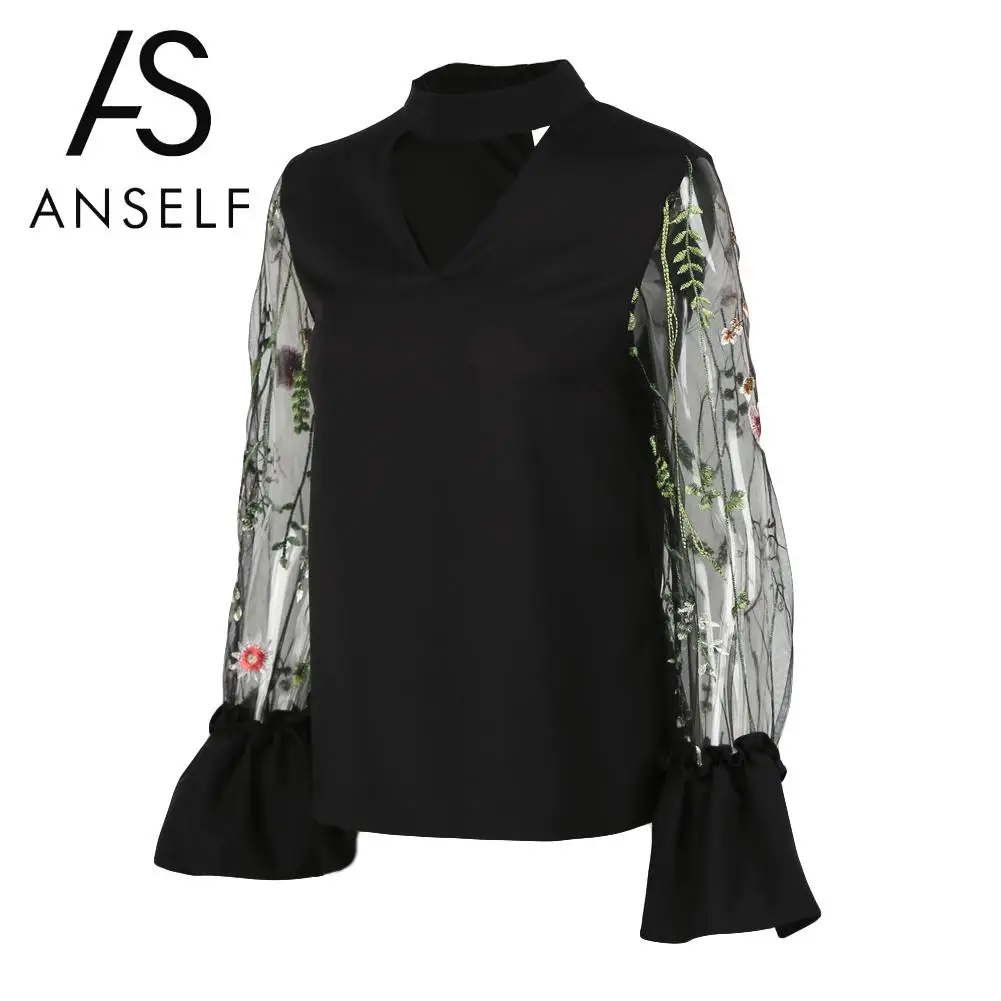 Womens Tops and Blouses Sheer Mesh Floral Embroidery Shirt Choker V Neck Flare Long Sleeve Blouse 2019 Summer tunics Streetwear
Womens Tops and Blouses Sheer Mesh Floral Embroidery Shirt Choker V Neck Flare Long Sleeve Blouse 2019 Summer tunics Streetwear