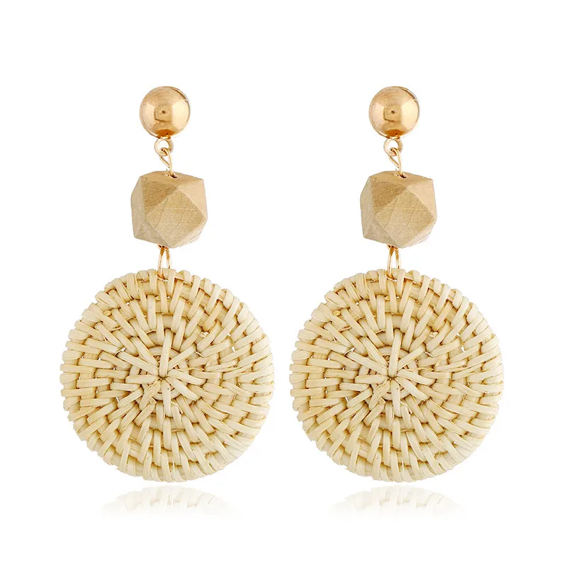 Personalized Round Wood Rattan Weave Drop Earrings For Women Geometric Ball Pendant Statement Fashion Jewelry Gift | Украшения и