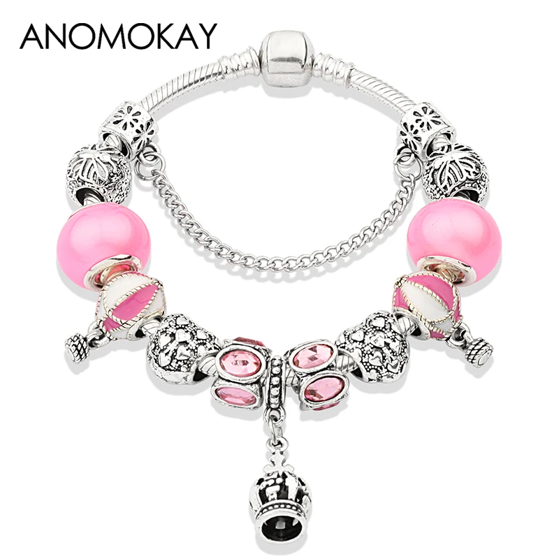 Anomokay Dropshipping Antique Silver Crown Heart Bead Pan Bracelet Cute Pink Enamel Balloon Charm Bracelets & Bangles Gift
Anomokay Dropshipping Antique Silver Crown Heart Bead Pan Bracelet Cute Pink Enamel Balloon Charm Bracelets & Bangles Gift
