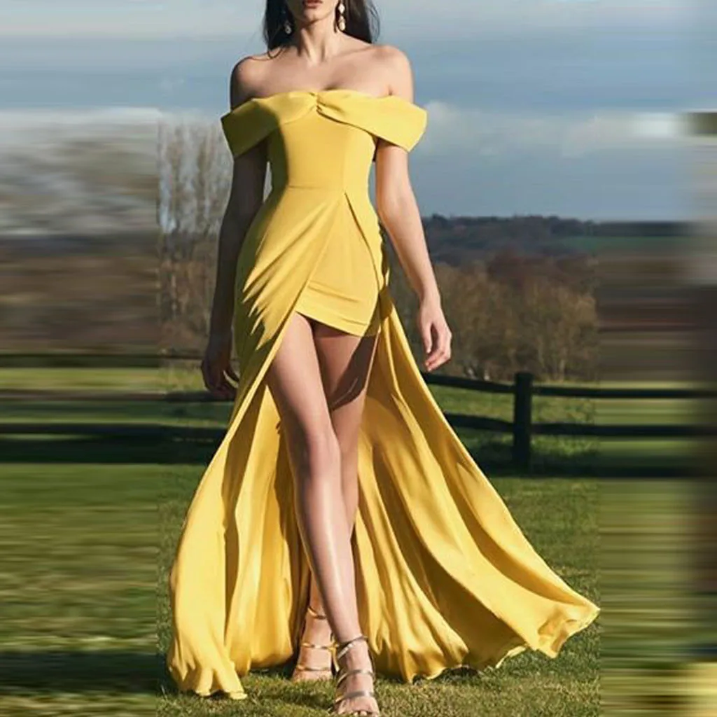 Irregular Floor-Length Women Summer Dress Slash Neck Front High Split Yellow Party Dresses Elegant Lady Slim Waist Maxi Dress
Irregular Floor-Length Women Summer Dress Slash Neck Front High Split Yellow Party Dresses Elegant Lady Slim Waist Maxi Dress