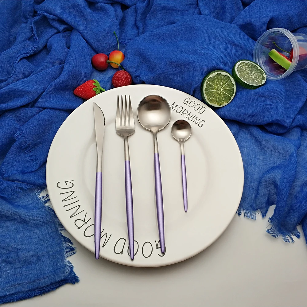 Hot Sale 4 pcs Purple silver Portuguese Dinnerware Stainless steel Knife Fork Spoon Cutlery Kitchen Food Tableware Flatware Set
Hot Sale 4 pcs Purple silver Portuguese Dinnerware Stainless steel Knife Fork Spoon Cutlery Kitchen Food Tableware Flatware Set