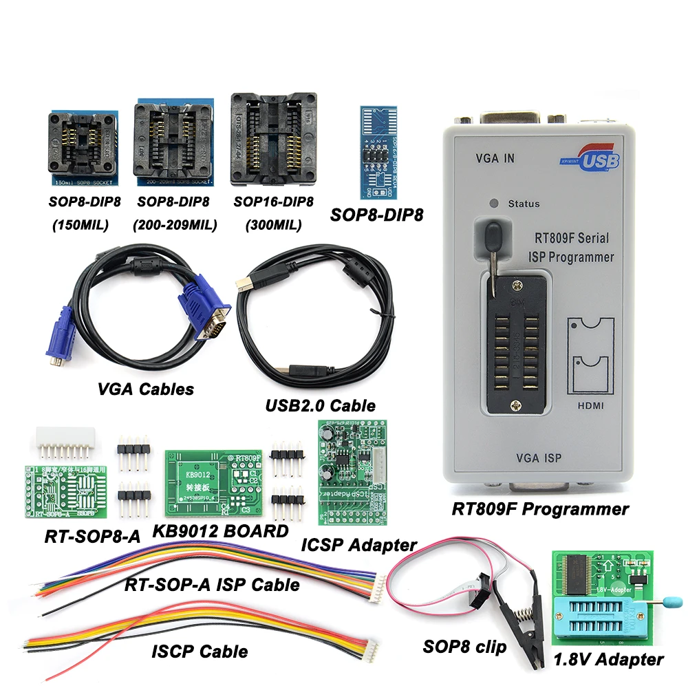 Factory Price !!! RT809F Serial ISP Programmer Tool +1.8V Adapter +SOP8 Test Clip +ISP cable EPROM FLASH VGA ISP
Factory Price !!! RT809F Serial ISP Programmer Tool +1.8V Adapter +SOP8 Test Clip +ISP cable EPROM FLASH VGA ISP