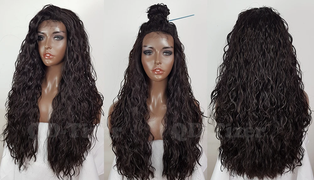 QD-Tizer Dark Brown Color Loose Curly Hair Synthetic Lace Front Wigs Glueless Hair Water Wavy Hair Synthetic Lace Wigs for Women6