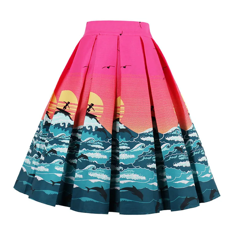 Kostlish Retro Print Flower Summer Skirts Womens 2017 High Waist Vintage Skirt Elegant A-Line Midi Women Skirt Plus Size XXL 22 (77)