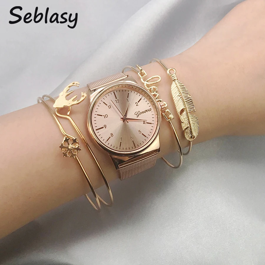 Sebalsy 4pcs/Set Punk Alphabet Snowflake Animal Deer Leaf Bracelets & Bangles for Women New Fashion Gold Color Cuff Jewelry Gift |