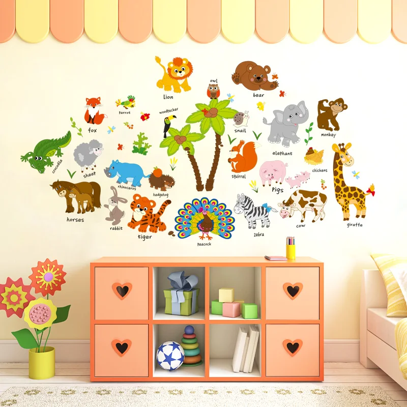 С мультипликационным принтом животные деревья Настенные наклейки для детской