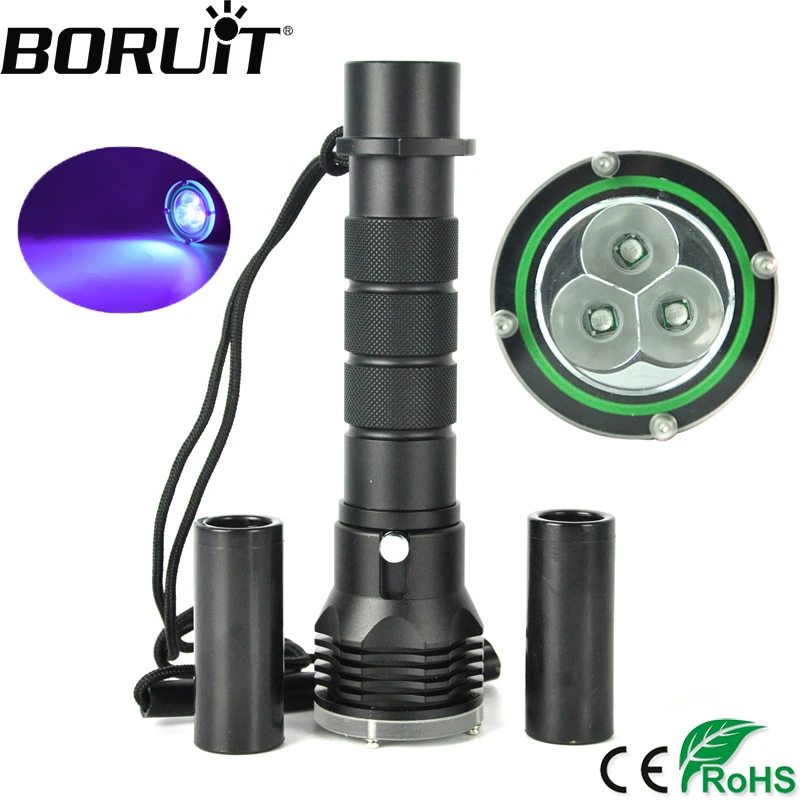 BORUiT Scuba Diving Flashlight 3 395nm UV LED Torch 150M Underwater Purple Light Ultraviolet et Urine Stains Detector
BORUiT Scuba Diving Flashlight 3 395nm UV LED Torch 150M Underwater Purple Light Ultraviolet et Urine Stains Detector