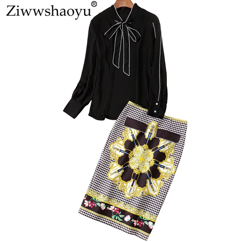 Ziwwshaoyu Elegant Solid Bow shirt + temperament Slim Print Skirt Two-piece set New women's
Ziwwshaoyu Elegant Solid Bow shirt + temperament Slim Print Skirt Two-piece set New women's