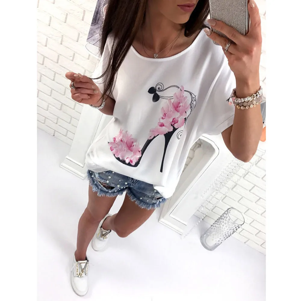 Women T Shirt Fashion Elegant Short Sleeve High Heels Printed Tops Beach Casual Loose Top T Shirt Poleras Mujer #YY
Women T Shirt Fashion Elegant Short Sleeve High Heels Printed Tops Beach Casual Loose Top T Shirt Poleras Mujer #YY