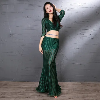 

Half Sleeve Stripe Lace Long Fishtail skirt Sexy Belly Dance 2pcs set for women/female dancers,Costume performance wears ZM223