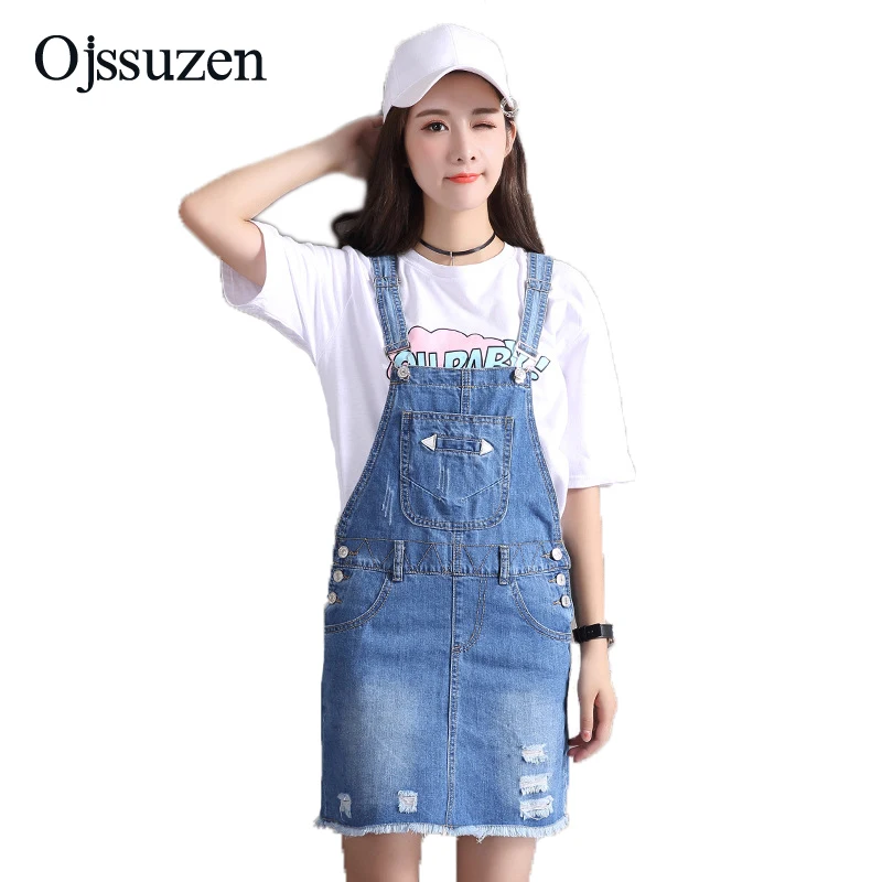 

2019 NEW Ripped Women's Denim Sundress Preppy Style Casual Suspenders Jeans Dress Female Adjustable Woman Overalls