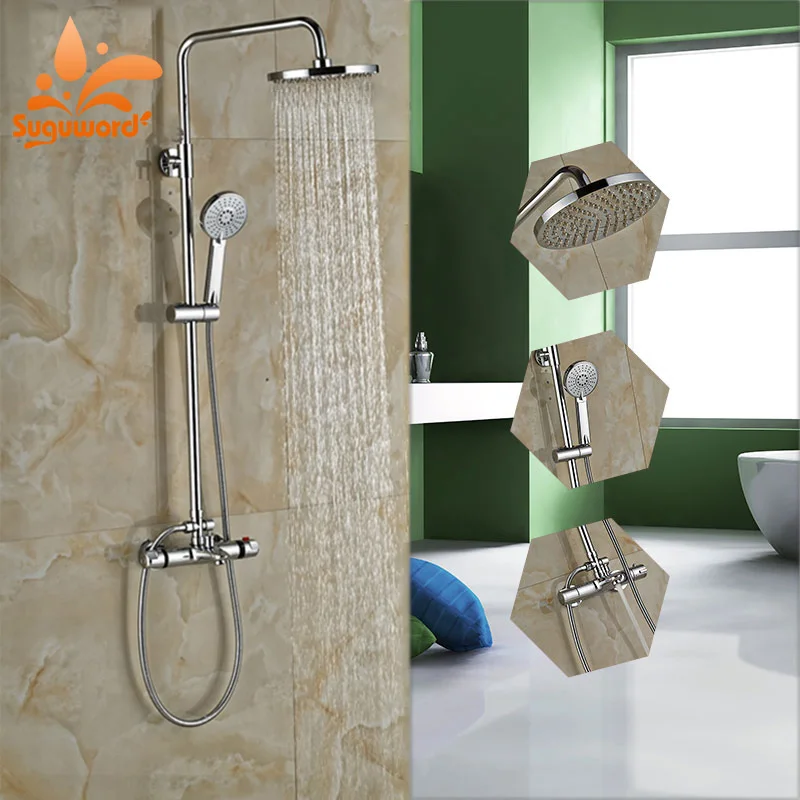 Suguword Chrome Thermostatic Shower Combo Set Hot and Cold Switch Shower System Mixer Taps 8'' ABS Shower Head with Tub Faucet
Suguword Chrome Thermostatic Shower Combo Set Hot and Cold Switch Shower System Mixer Taps 8'' ABS Shower Head with Tub Faucet