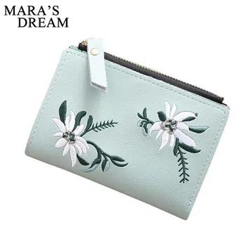 Mara's Dream Embroidery Short Wallet PU Leather Wallets Female Floral Hasp Coin Purse Zipper Bag Card Holder Women drop shipping