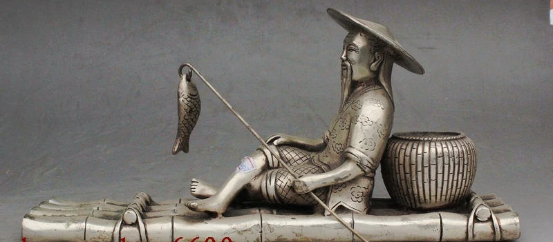 12" Folk Chinese Silver Old Man Fisherman fishing On Bamboo Boat Wealth Statue
12" Folk Chinese Silver Old Man Fisherman fishing On Bamboo Boat Wealth Statue