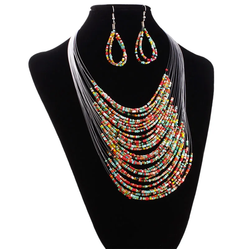 Fashion Women Multicolor 20 layer line Beads Long Necklace Set with Earrings bride Rope Bohemia Statement jewelry set
Fashion Women Multicolor 20 layer line Beads Long Necklace Set with Earrings bride Rope Bohemia Statement jewelry set