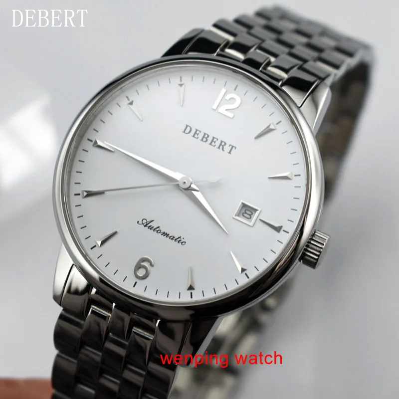 40mm DEBERT white Dial Steel strip Automatic Movement Push Button Hidden Clasp Men's Watches E2438
40mm DEBERT white Dial Steel strip Automatic Movement Push Button Hidden Clasp Men's Watches E2438