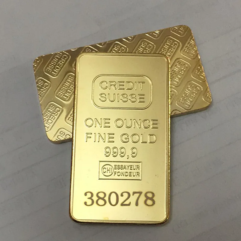 

2 pcs Non magnetic Credit Suisse bullion bar 1 OZ real gold plated ingot badge 50 mm x 28 mm coins with Different serial number