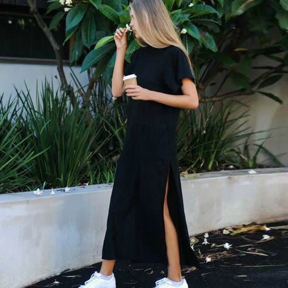Женское длинное платье в стиле бохо черное свободное макси с высоким разрезом и