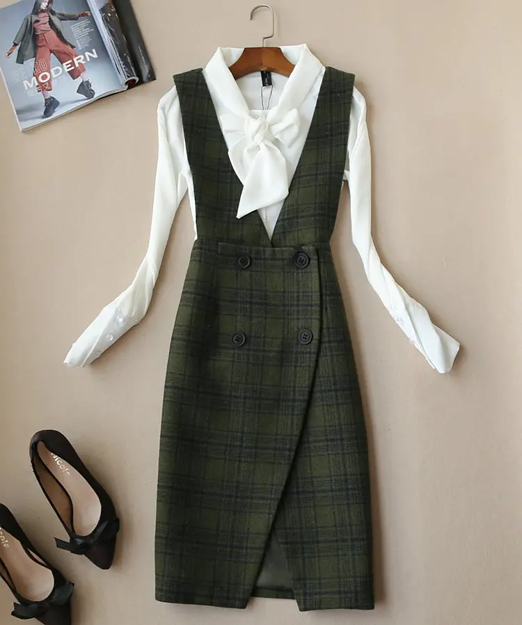 Autumn Winter Elegant Women's Twinset Dress of White Chiffon Blouse Matching Sleeveless Woolen Plaid Dress
Autumn Winter Elegant Women's Twinset Dress of White Chiffon Blouse Matching Sleeveless Woolen Plaid Dress