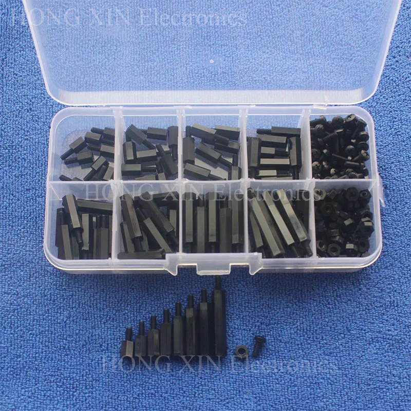 

240Pcs M2.5 Black Male-Female Hex Nylon Spacers PCB Threaded Screws nuts Bolt Assortment kit set Standoff Box Best Quality