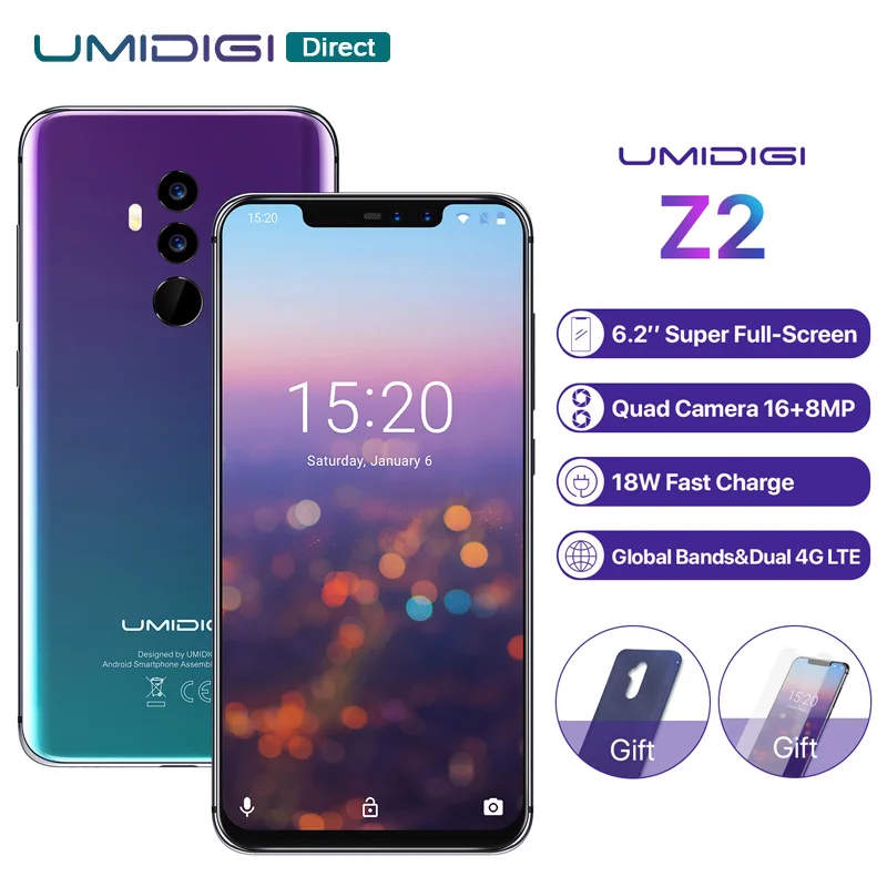 

UMIDIGI Z2 Global Version Android 8.1 6.2" FHD+ Full Display Helio P23 6GB+64GB Dual Cams 16MP+8MP 3850mAh Face ID 4G Smartphone