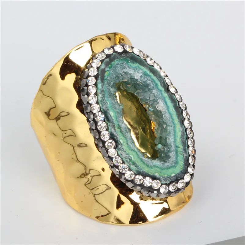 Luxury Jewelry Green Rough Raw Geode Crystal Semi Precious Stone Rhinestone Gold Color Hammered Adjustable Open Ring Unisex Men
Luxury Jewelry Green Rough Raw Geode Crystal Semi Precious Stone Rhinestone Gold Color Hammered Adjustable Open Ring Unisex Men