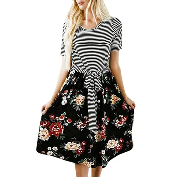 KLV 2019 Summer latest fashion Women's Short Sleeve Stripe Floral Print Tie Waist Swing Midi Dress with Pockets free shipping D4
KLV 2019 Summer latest fashion Women's Short Sleeve Stripe Floral Print Tie Waist Swing Midi Dress with Pockets free shipping D4