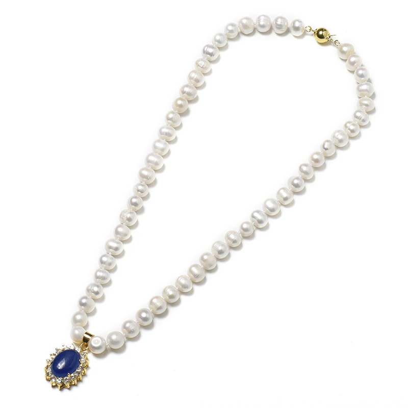 

8-9 mm Freshwater Natural Pearl Necklace With delicate elliptical pearls and a sapphire blue elliptical 19*23*10 mm pendant