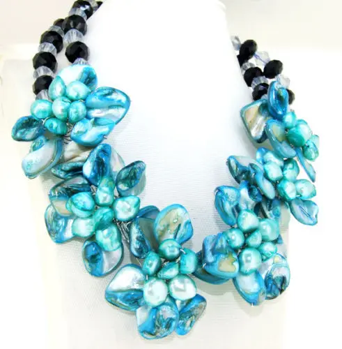 

06444 Details about Charm Blue Shell Mop Freshwater Pearl Beads 6Flowers Beads Necklace 18