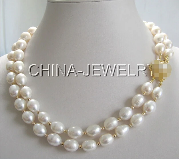 

fast AAA 2row 18-19" 11-12mm white rice baroque freshwater pearl necklace-GP clasp AAA