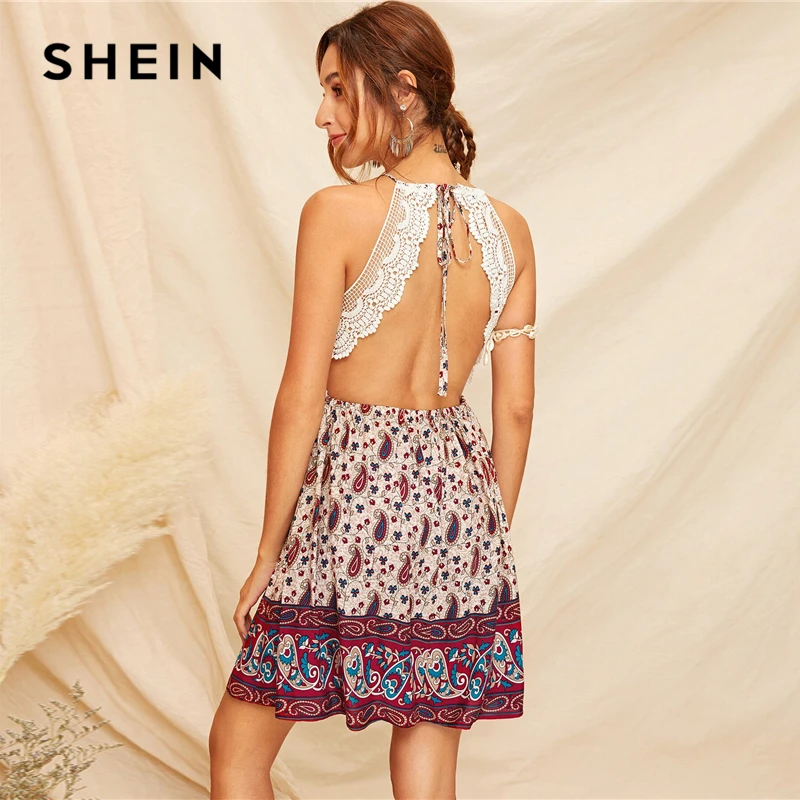 SHEIN Paisley Print Lace Insert Backless Slip Dress Boho Knot Slip Flared Sleeveless Women Dresses 2019 Summer Dresses
SHEIN Paisley Print Lace Insert Backless Slip Dress Boho Knot Slip Flared Sleeveless Women Dresses 2019 Summer Dresses