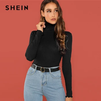 

SHEIN Highstreet Black High Neck Ribbed Fitted Lettuce Trim Pullovers Tee 2018 Autumn Casual Women Modern Lady Tshirt Top