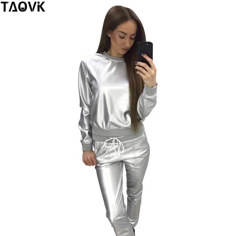 

TAOVK Stylish Women's PU leather Suits Silver Gold Shiny tracksuit Spring Autumn Aerospace O-neck tops and long pant 2 pcs Sets