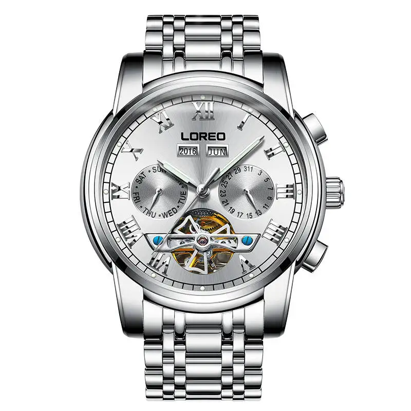 

LOREO 6108 Germany watches men luxury brand Tourbillon automatic sapphire hollow luminous waterproof white calendar simple