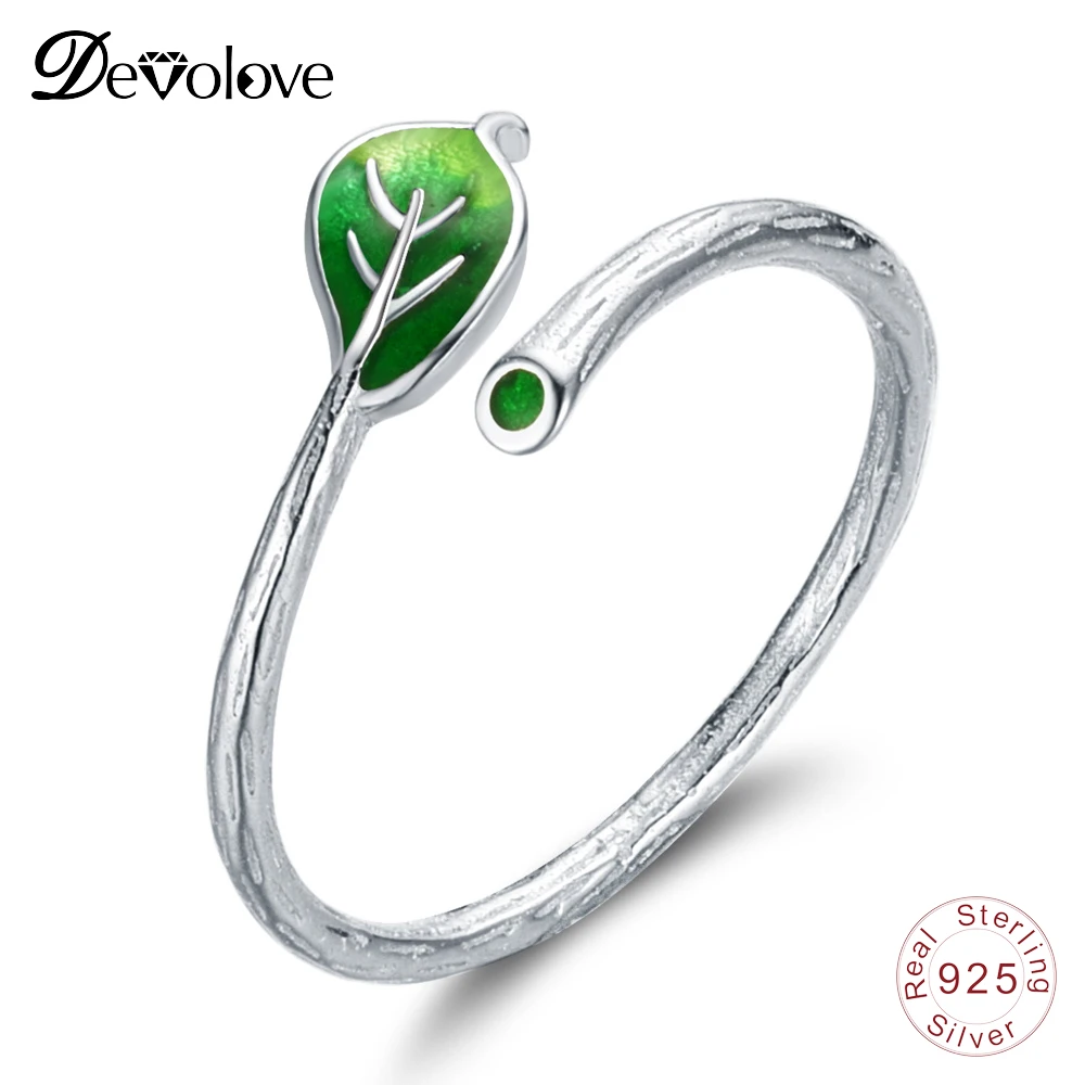 

Devolove New Green Leaves Adjustable Trendy Ring Genuine 925 Sterling Silver Rings for Women Jewelery Gift T010111 Dropshipping