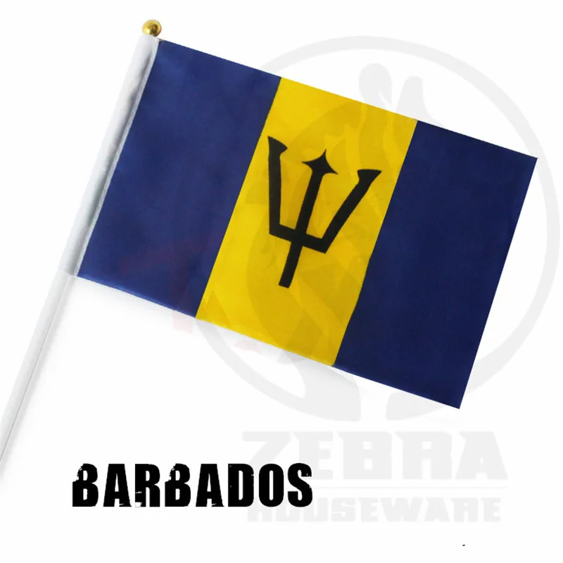 10 PCS/Lot 14*21cm BARBADOS National Flags Small Barbados Hand Flying Banner with pcs of 30cm Poles for Celebration |