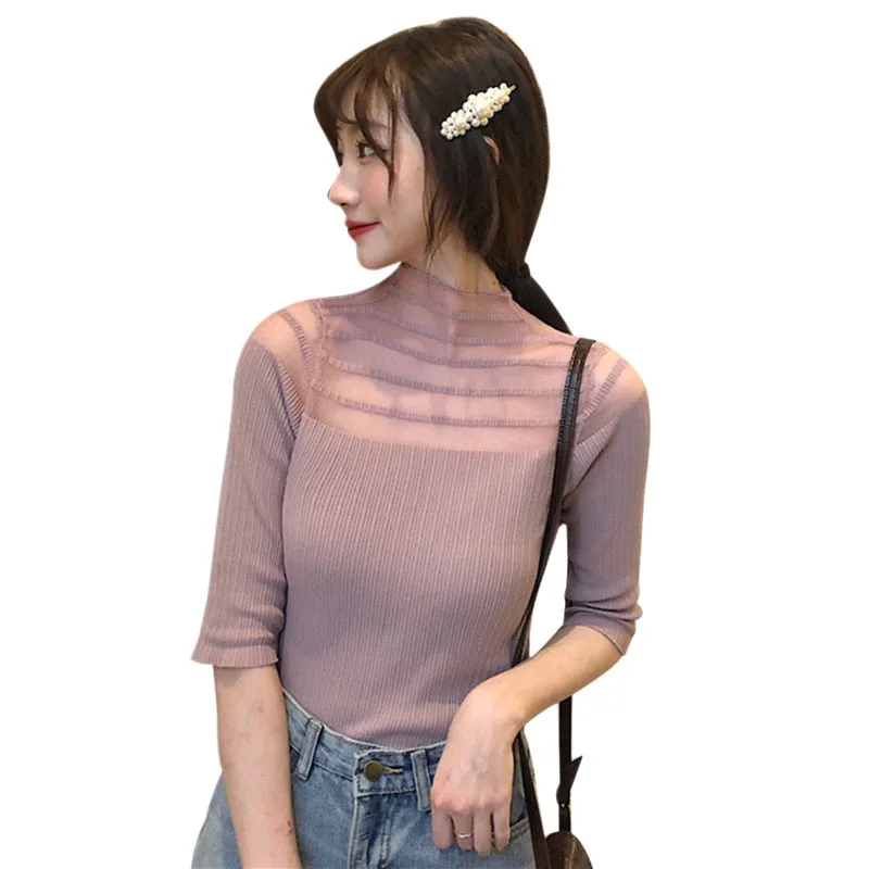 Korean Knitted T-shirt Slim Pullover Women Tops Half Sleeve Thin Tight Fit Semi-high Collar Hollow Stitching Clothing Plus Size
Korean Knitted T-shirt Slim Pullover Women Tops Half Sleeve Thin Tight Fit Semi-high Collar Hollow Stitching Clothing Plus Size