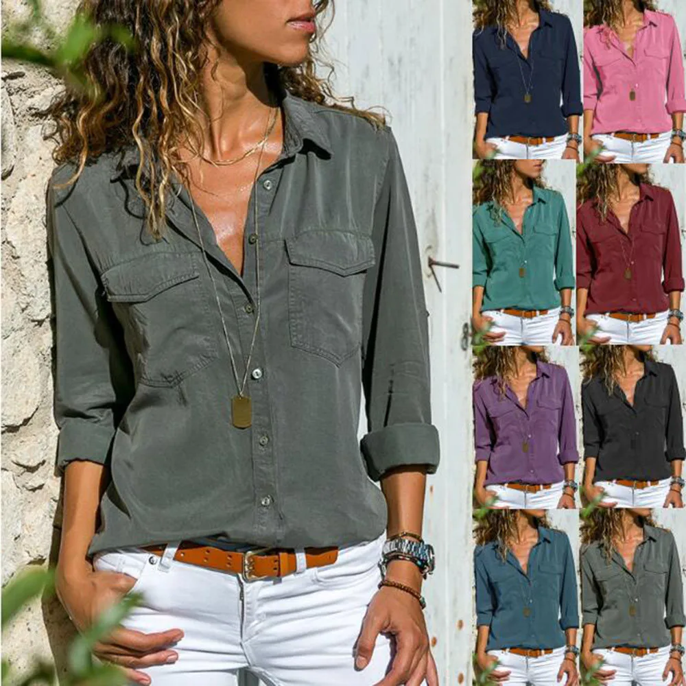 Women Casual Solid Long Sleeve V-neck Long section Slim Casual Turn Down Collar Pockets Button Front Shirt Tops roupas feminina
Women Casual Solid Long Sleeve V-neck Long section Slim Casual Turn Down Collar Pockets Button Front Shirt Tops roupas feminina